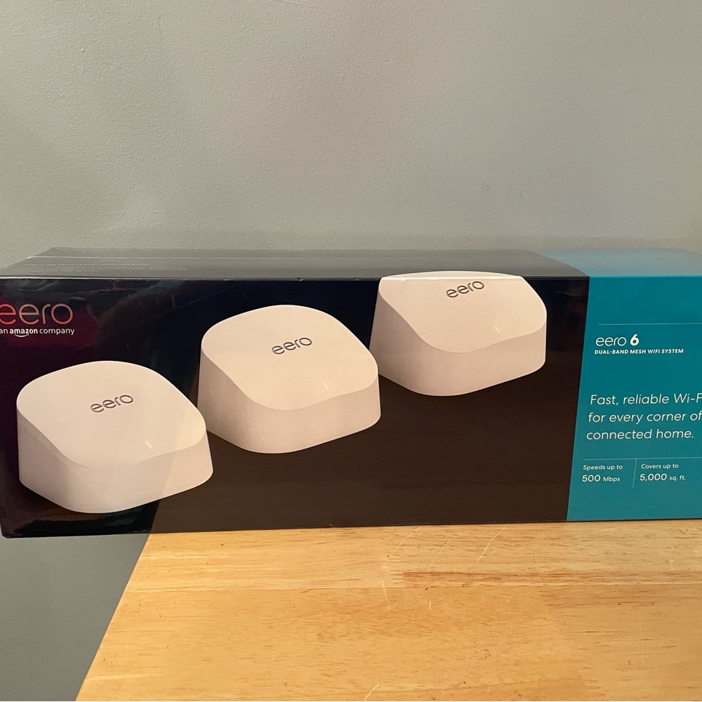 Eero 6 Dual- Band Mesh WiFi System 3 pack. Brand New. Sealed box